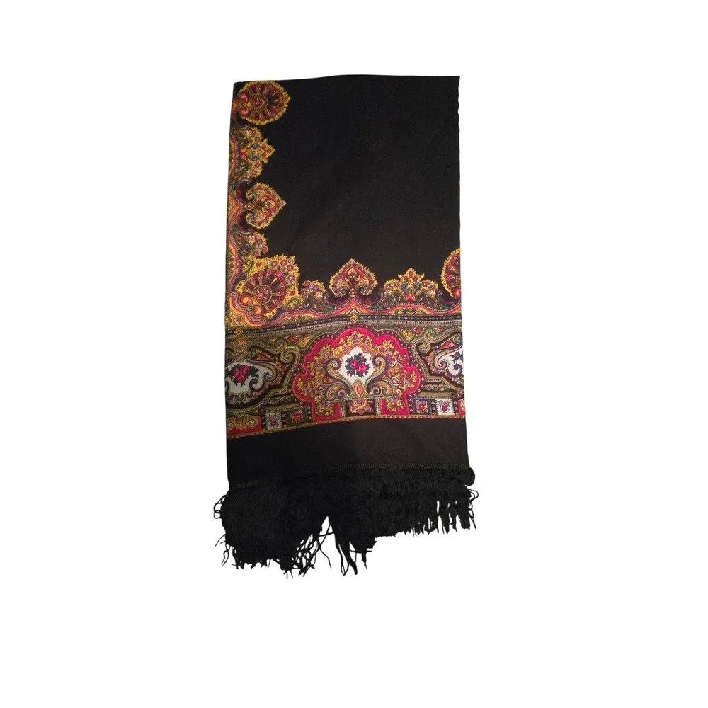 Vintage Black Paisley Floral Fringe Square Scarf Shawl Wrap Boho Folk Style